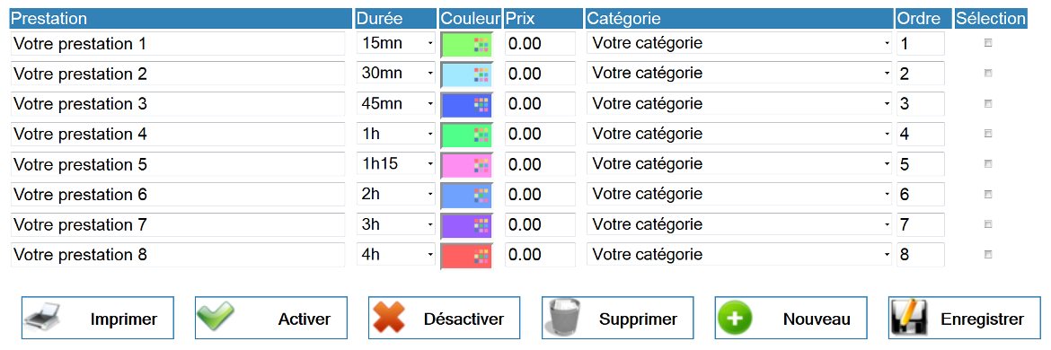 Paramétrage des prestations dans l'agenda 